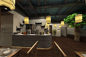 特色中式復古餐飲店裝修設計全景效果圖